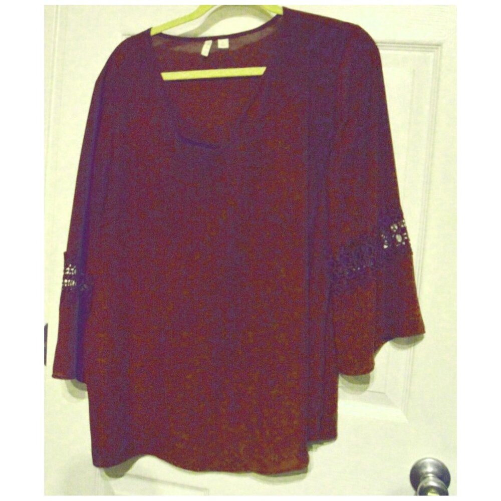 CATO Lace Decorated 3/4 Sleeve Burgundy V-Neck Blouse Shirt Size XL